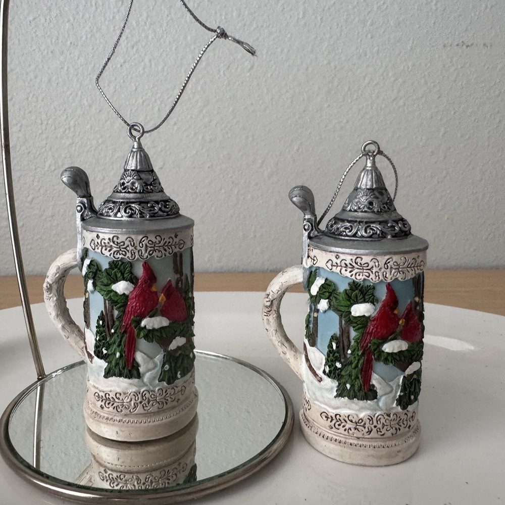 Vintage Cardinal Red Bird Beer Stein Winter Christmas Ornament Keepsake Lot 2